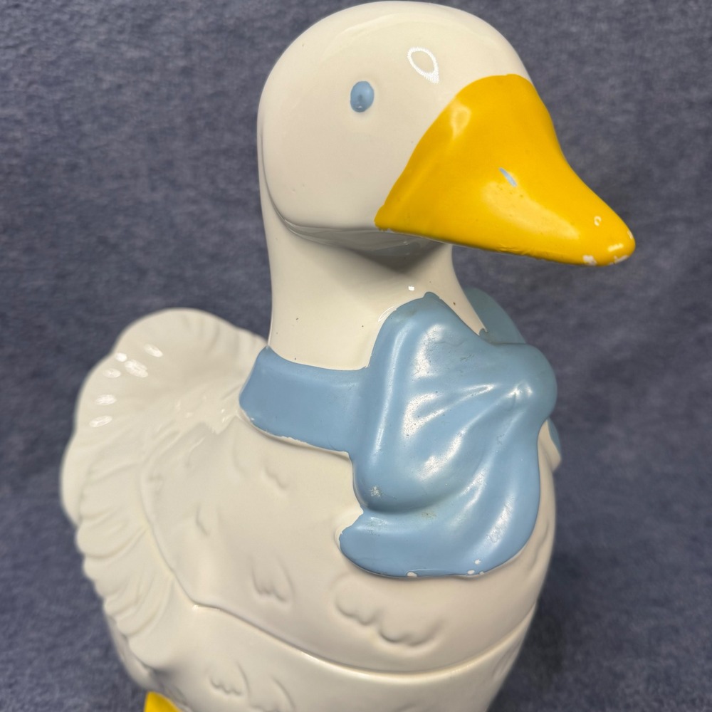 Vintage Ceramic Goose Cookie Jar White Country Farmhouse Blue Bow Kitsch Decor - Picture 2 of 9